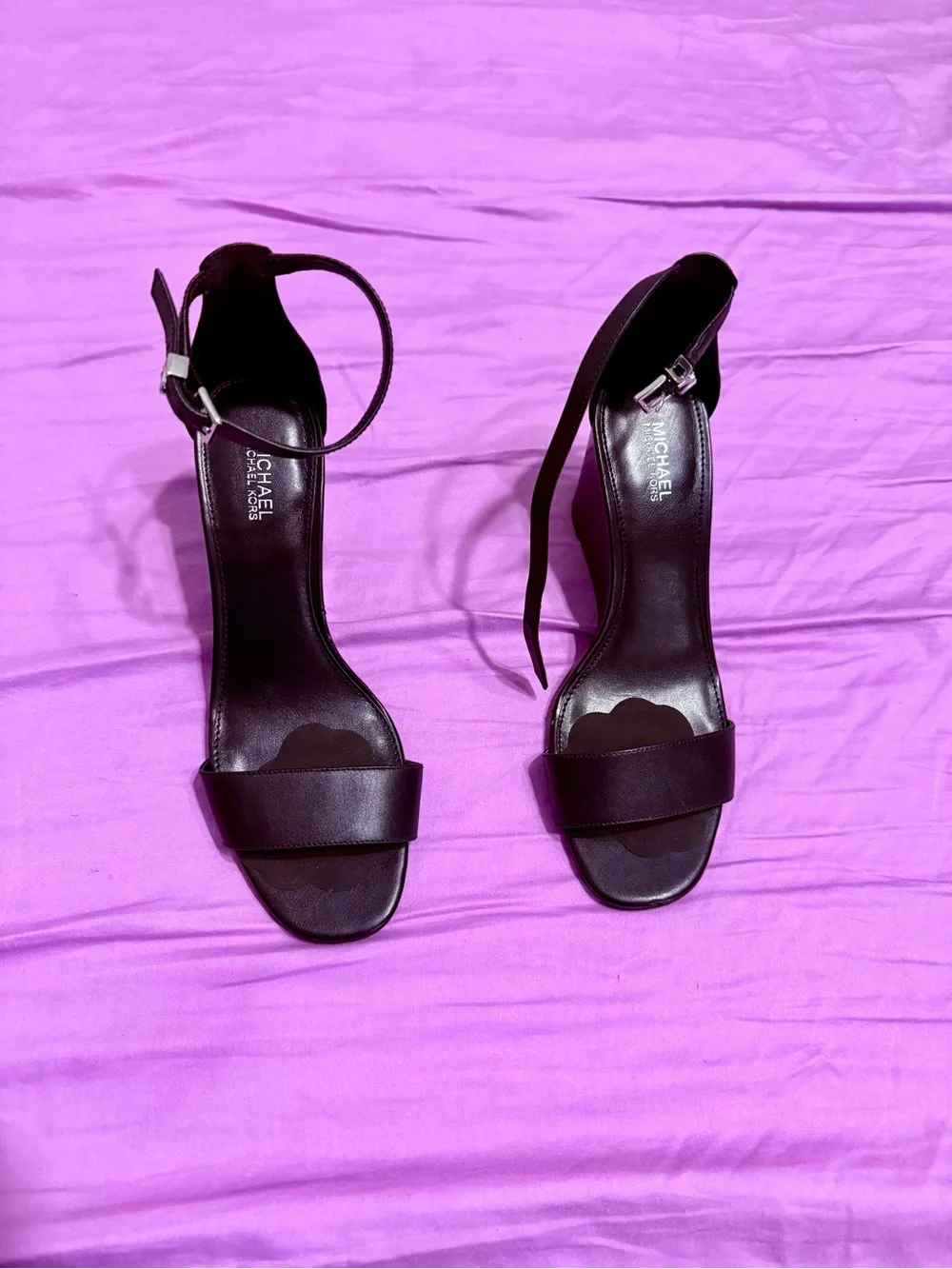 Michael Kors Black Leather Ankle Strap Wedge Sandals